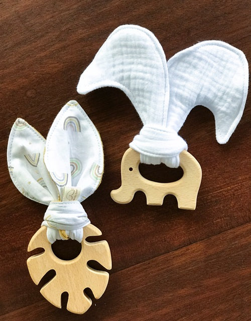 wood baby teether with fabric bunny ears