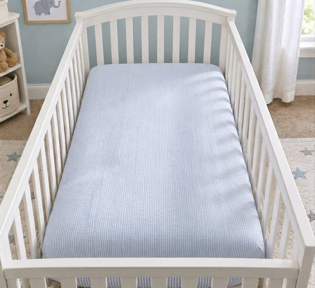 A white crib with a blue striped mattress in a nursery.