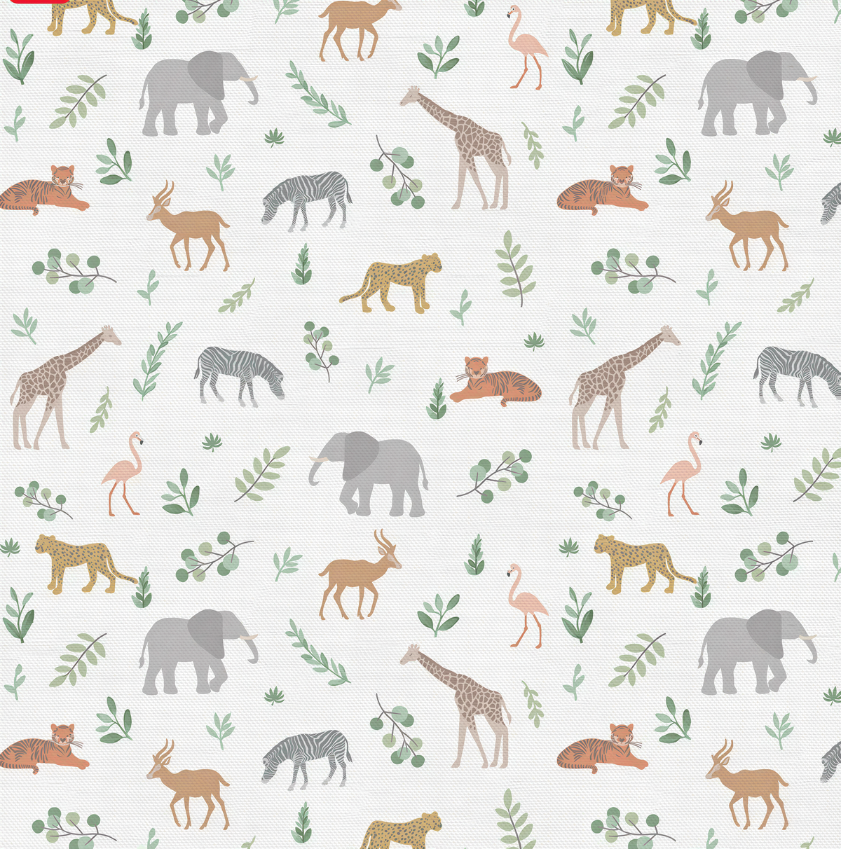 a repeating pattern of various animals, including elephants, giraffes, zebras, and other wildlife, along with leaves and branches.