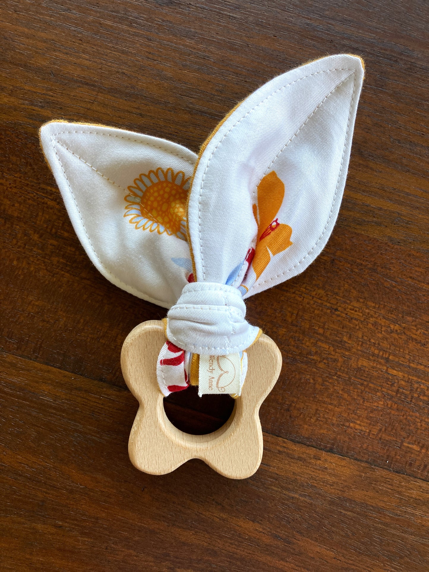 Baby Beech Wood Teether with Organic Cotton Fabric Tie