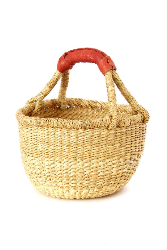 Small Round Bolga Market Basket with Leather Handle