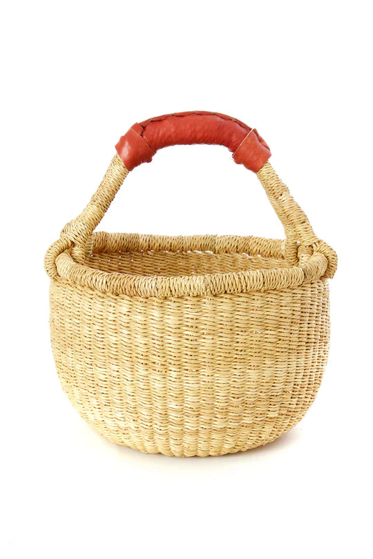 Small Round Bolga Market Basket with Leather Handle