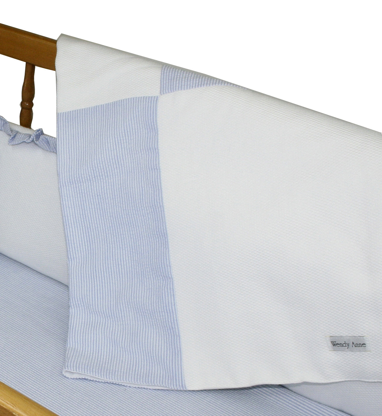 White Pique with Blue Seersucker Stripe Cotton - 4 Piece Cradle Bedding Set