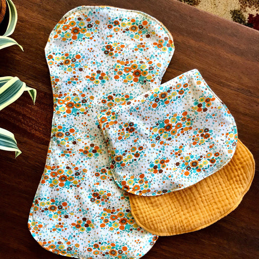 Vintage Summer Flowers with Mango Orange - Burp Cloth Set of 2