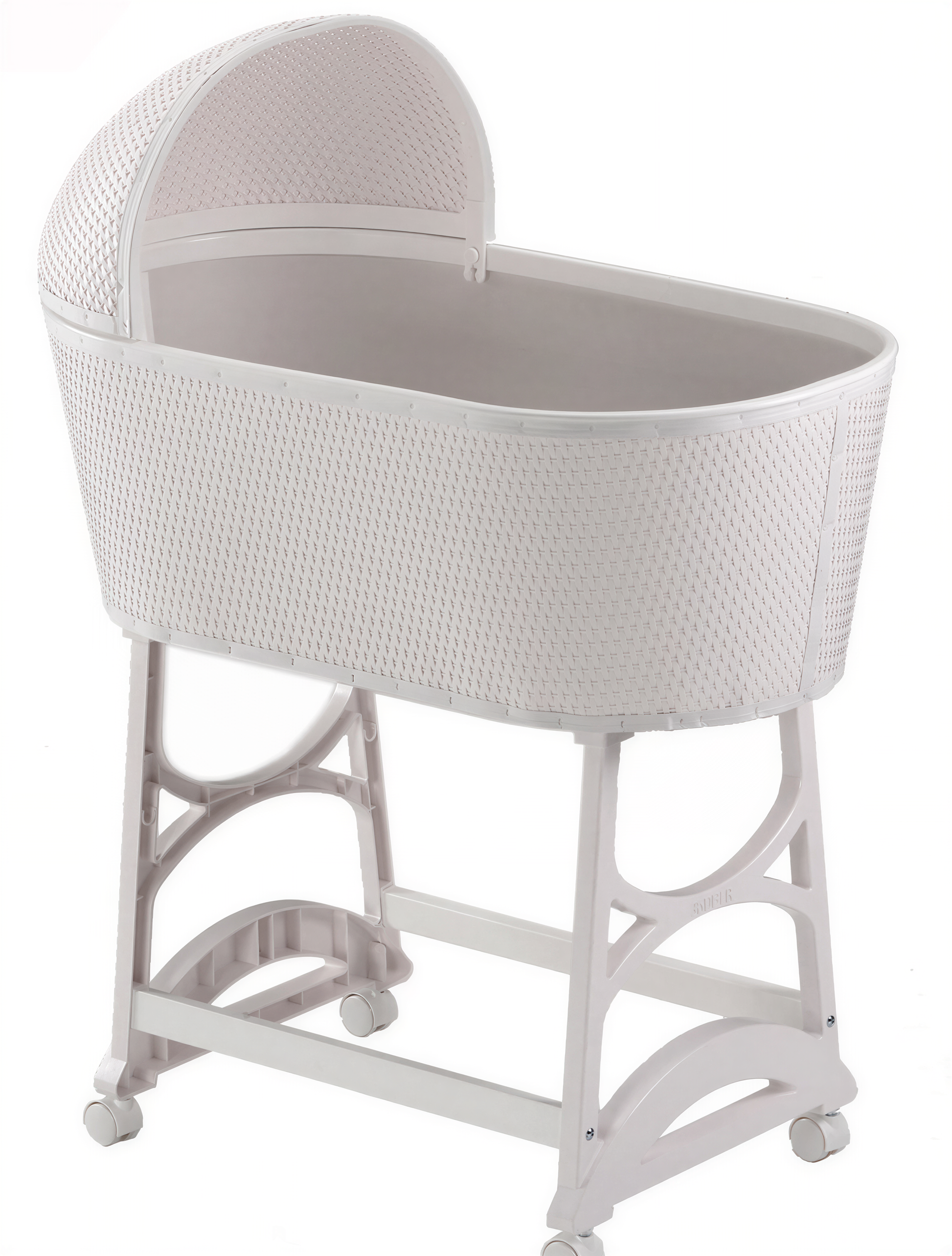 A white baby bassinet with a mesh-like design and a canopy.