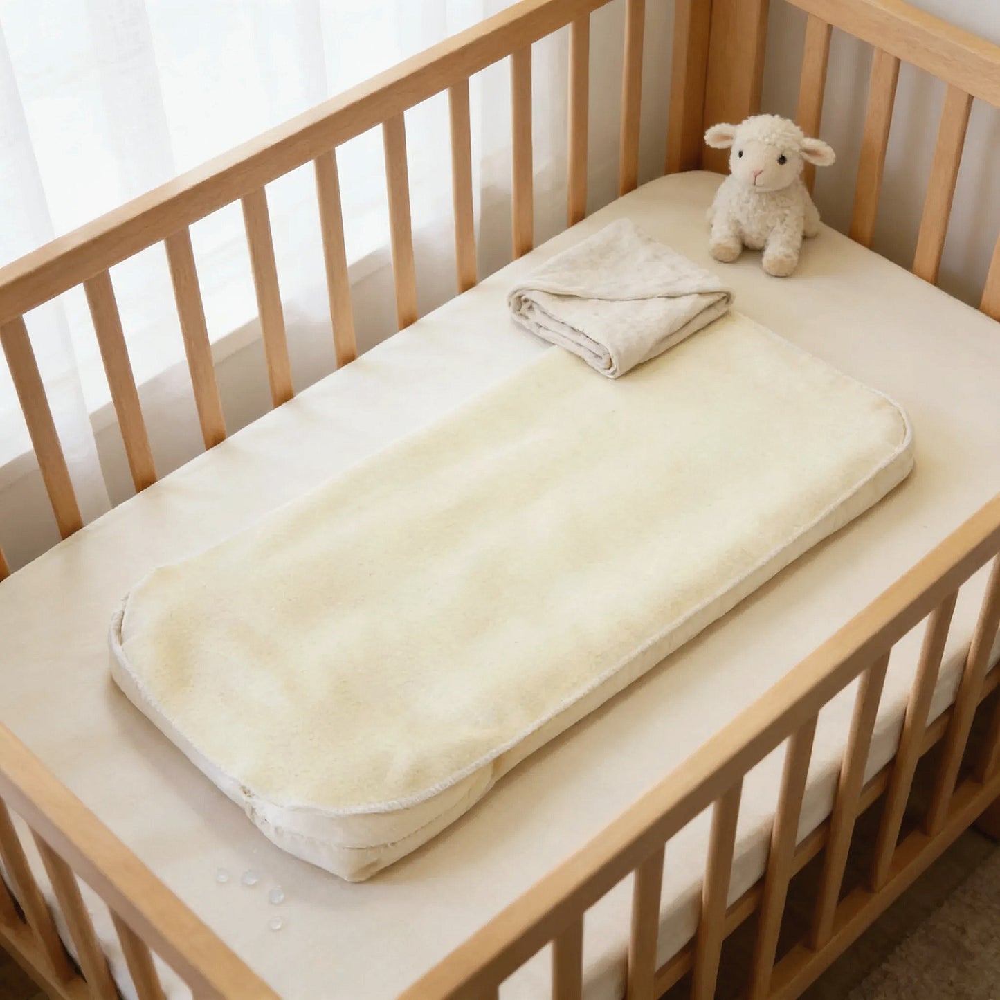 A wooden crib with a white blanket and a stuffed lamb toy on top.