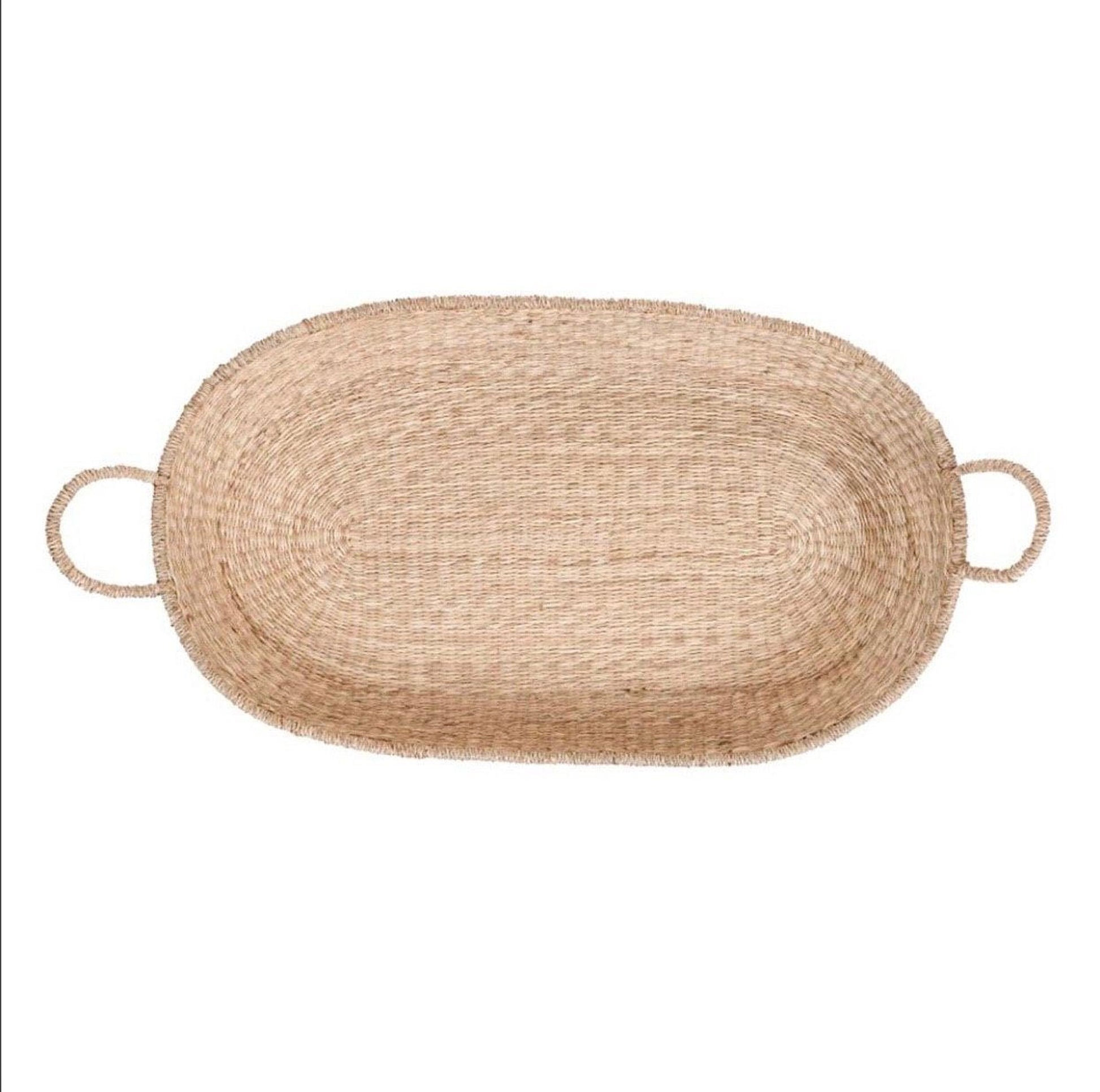 A woven basket with handles, sitting on a white background.