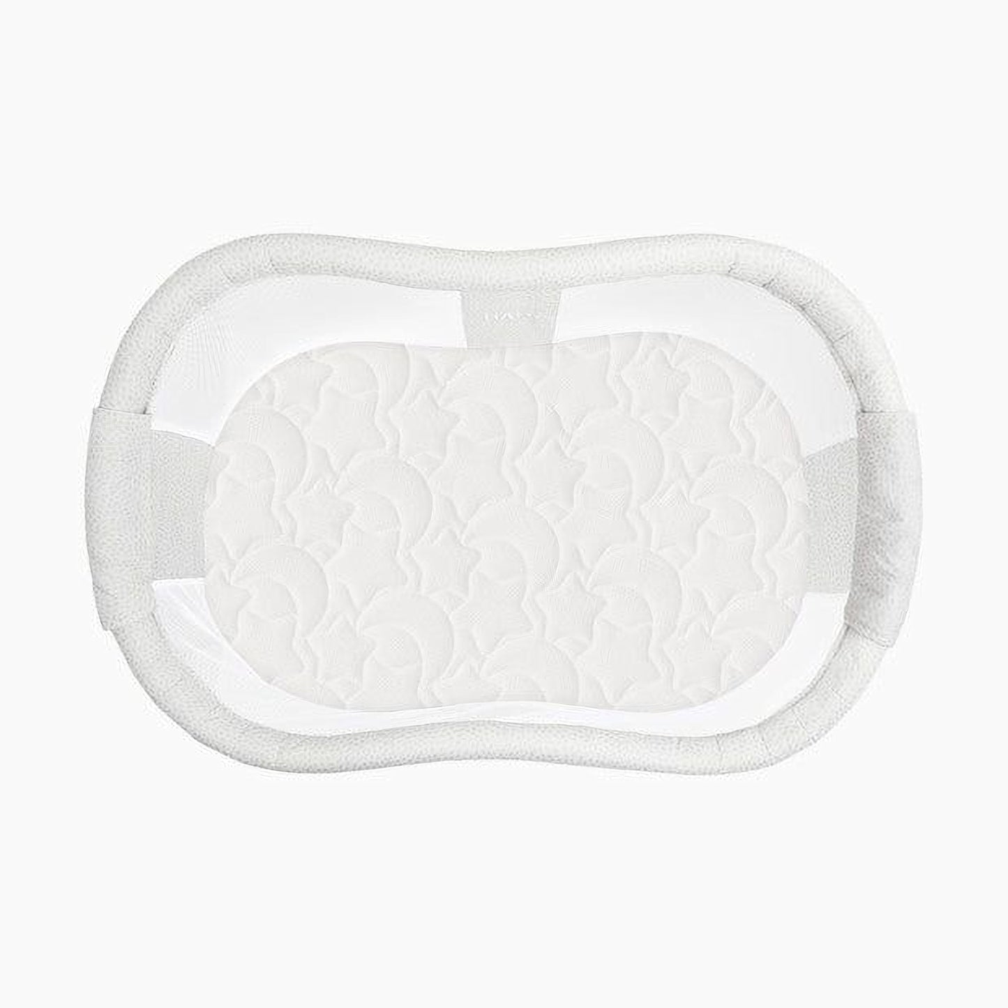 A white, oval-shaped baby crib with a mesh cover.