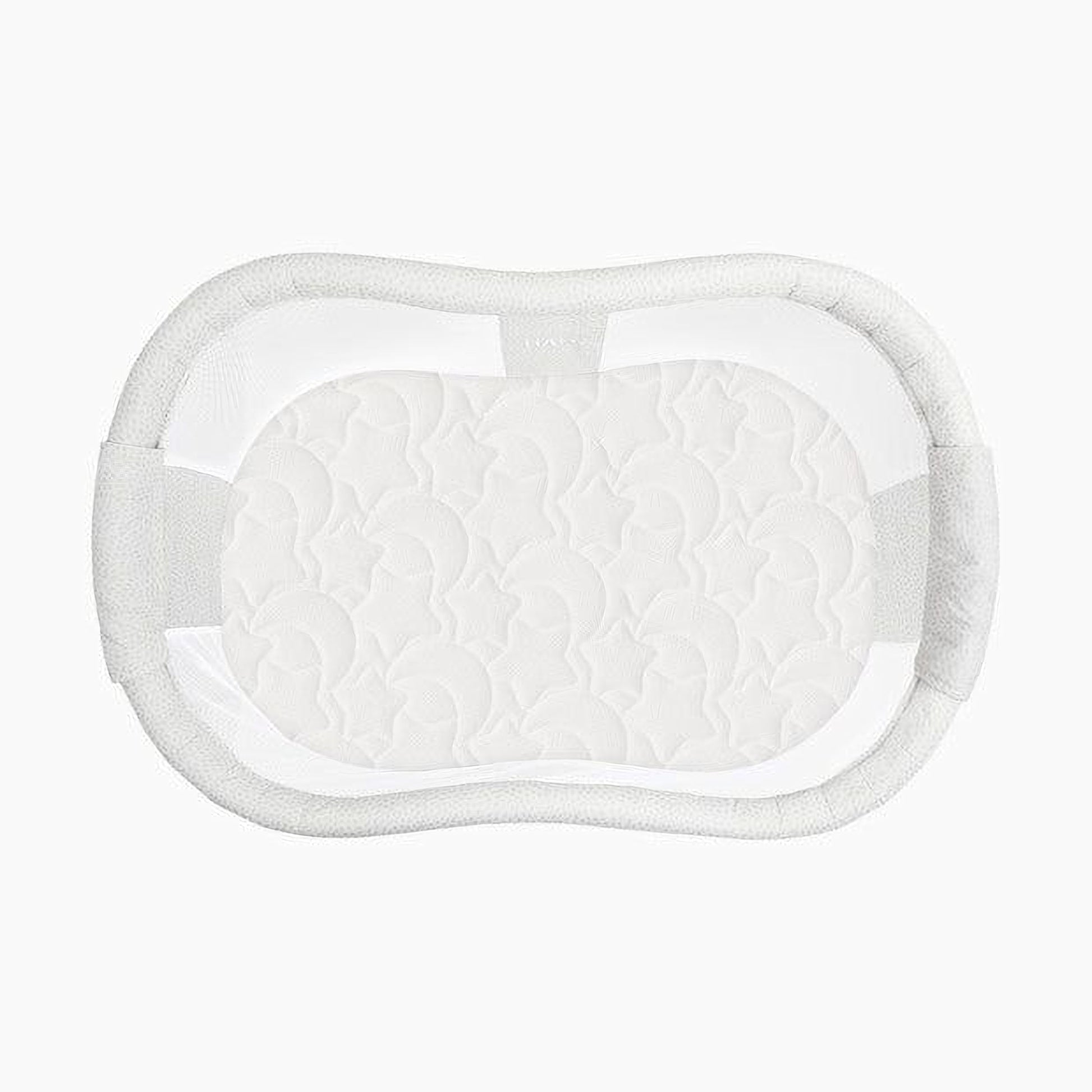 A white, oval-shaped baby crib with a mesh cover.