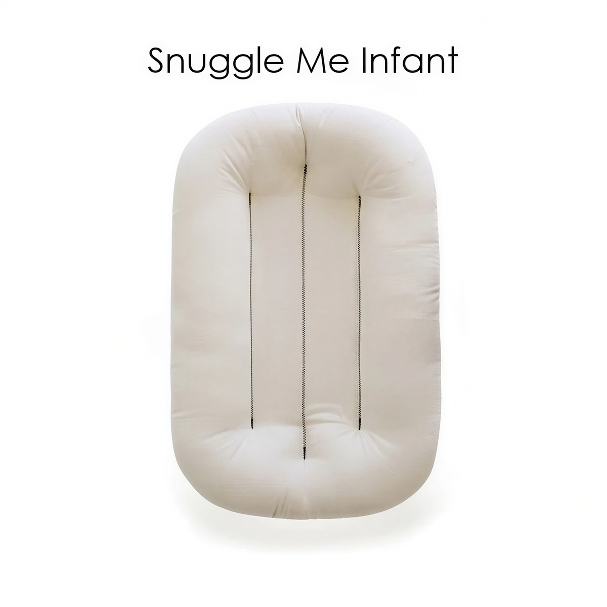 A white, rectangular object with three vertical lines running through it, labeled as a "Snuggle Me Infant" product.