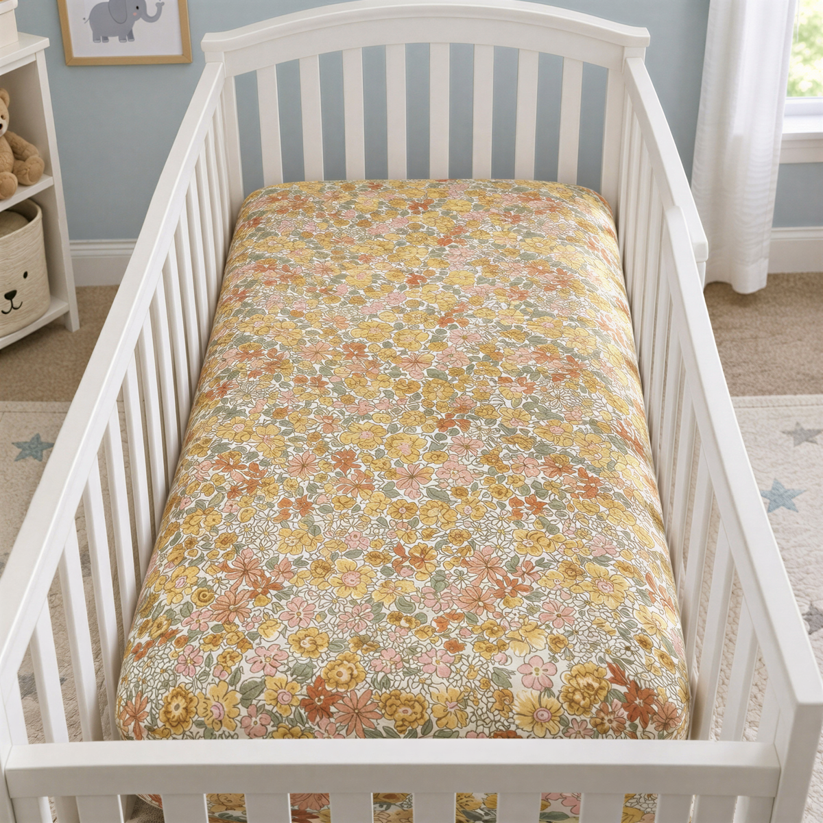 A white crib with a floral print sheet and a wooden headboard.