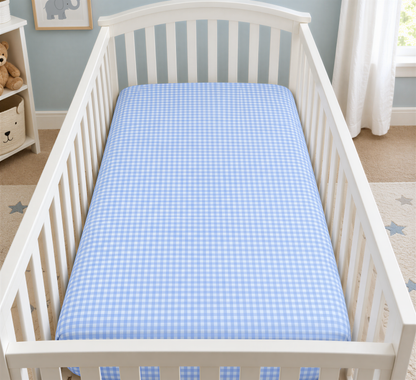 A white crib with a blue and white checkered sheet, positioned in a nursery setting.