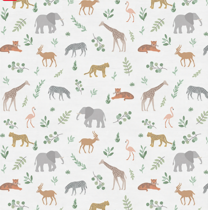 a repeating pattern of various animals, including elephants, giraffes, zebras, and other wildlife, along with leaves and branches.