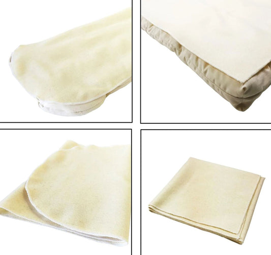 four different views of a white fabric, including a folded fabric, a flat fabric, a folded fabric, and a flat fabric.
