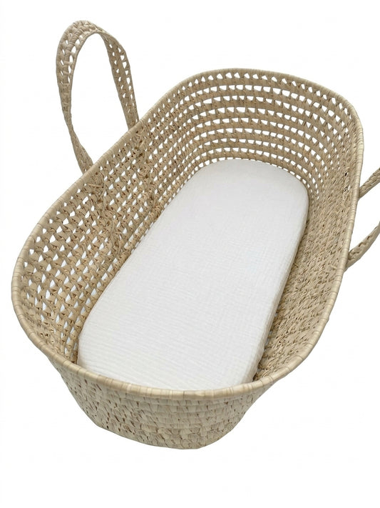 White Organic Cotton Double Gauze Fitted Sheet | Custom Fit for Bassinets, Cradles, Cribs & Moses Baskets