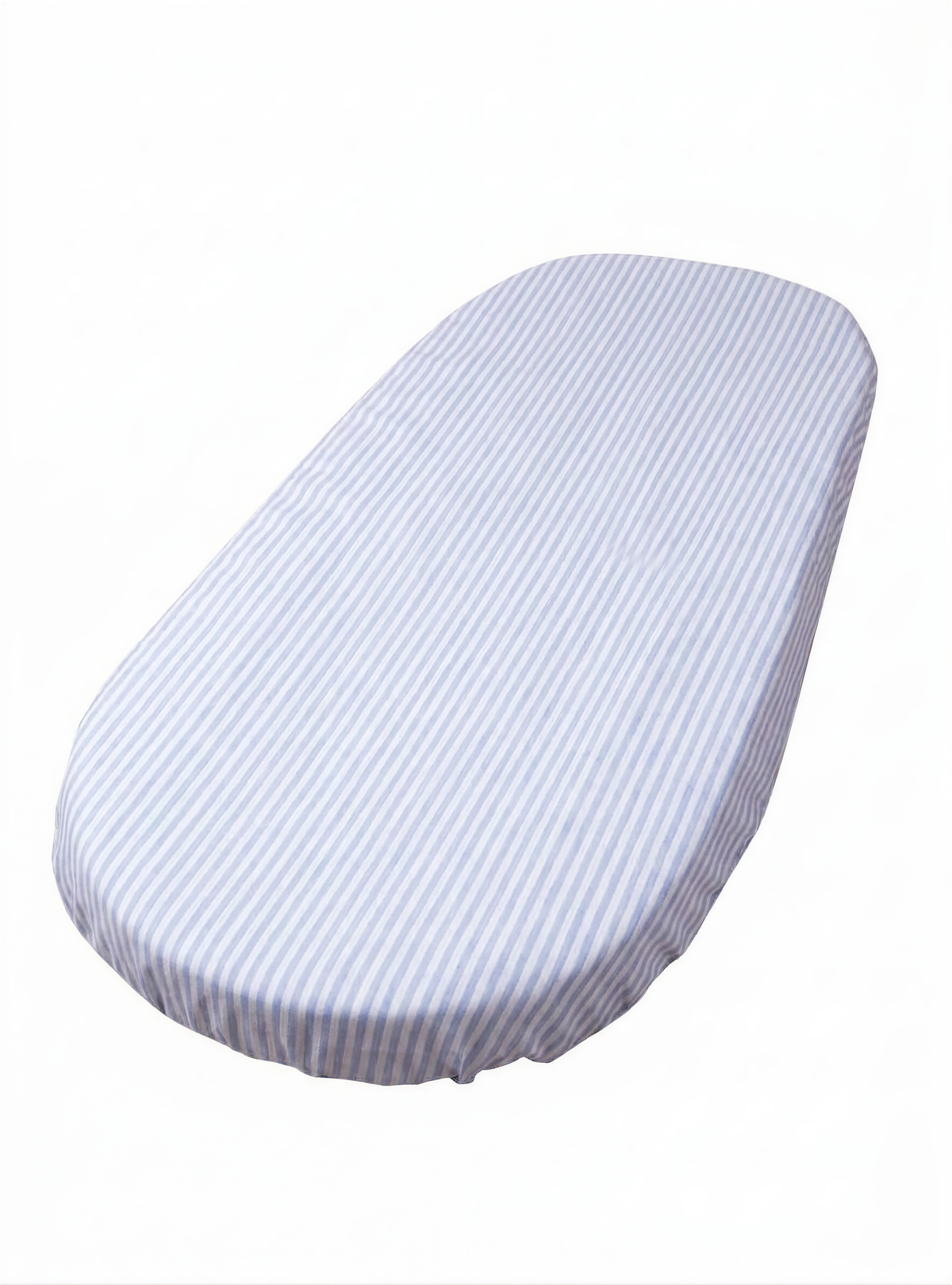 A white oval-shaped object with blue stripes on it.