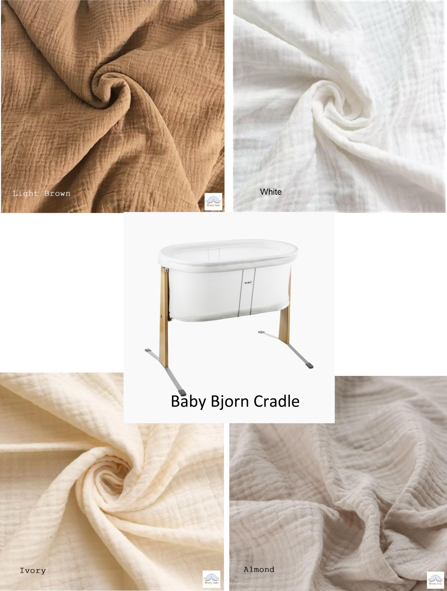 Collage of fabric swatches in light brown, white, ivory, and almond with a Baby Bjorn cradle in the center.
