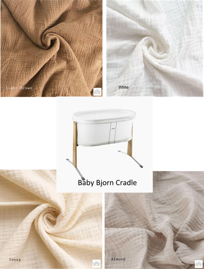 Collage of fabric swatches in light brown, white, ivory, and almond with a Baby Bjorn cradle in the center.