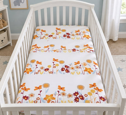 A white crib with a floral print sheet and pillow on top, set against a light blue wall with a window.