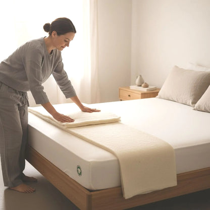 A woman in a gray outfit is arranging a white blanket on a bed in a bedroom.