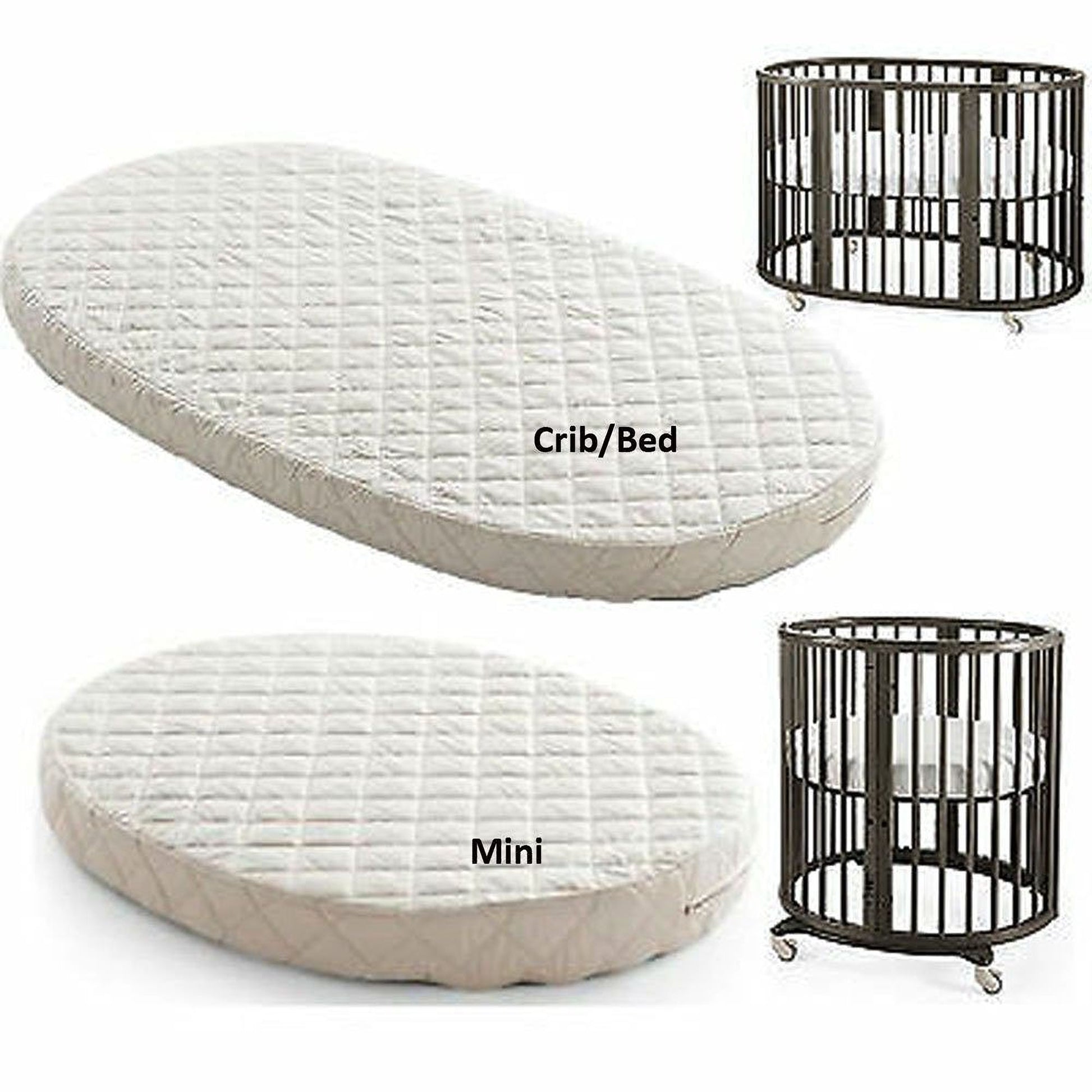 a variety of baby crib and bedding products, including a large oval-shaped mattress, a smaller circular mattress, and a metal crib.