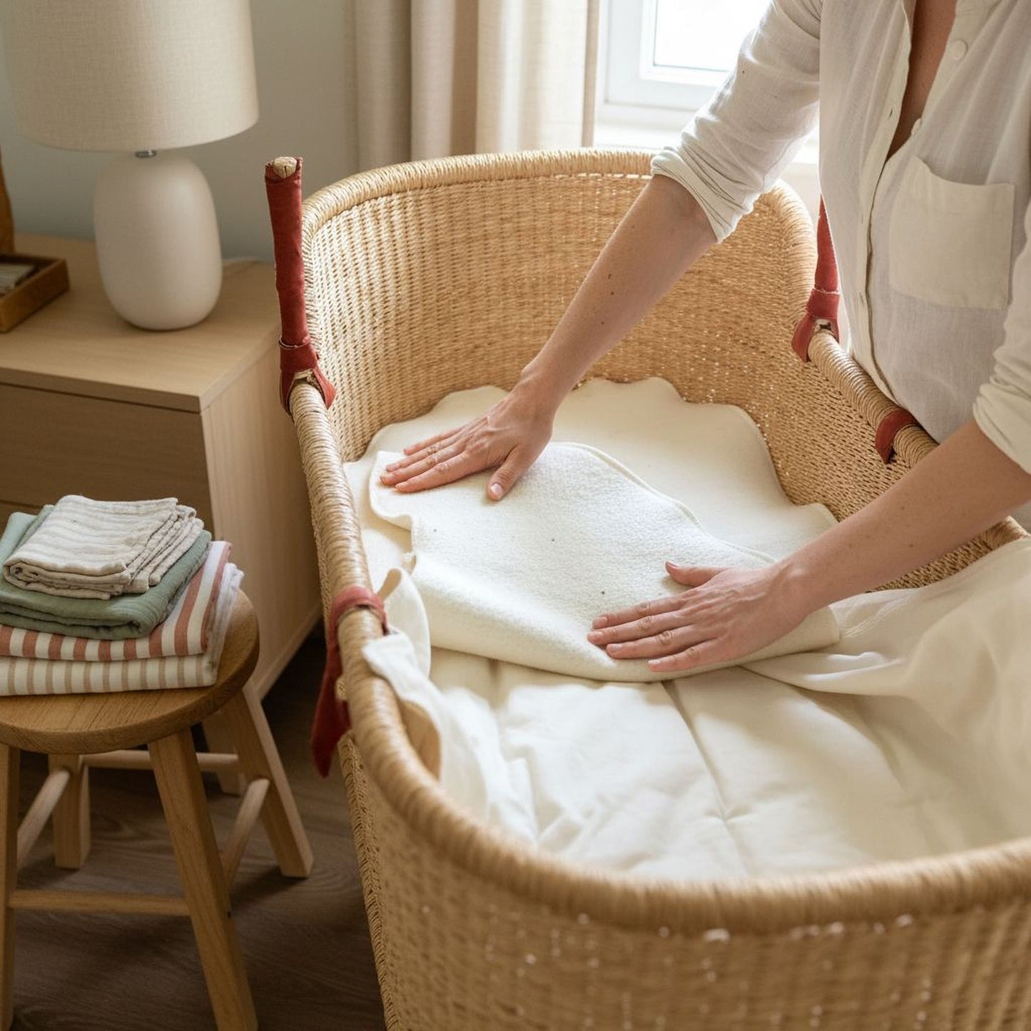 A person is tending to a baby's crib, placing a white blanket on the mattress.
