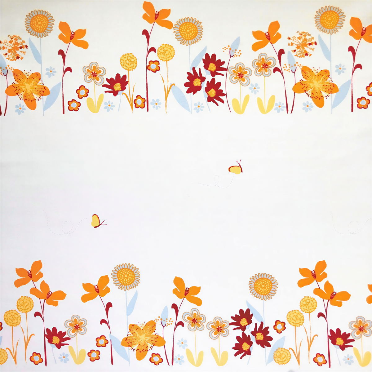 a repeating pattern of orange and yellow flowers and butterflies on a white background.