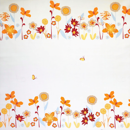 a repeating pattern of orange and yellow flowers and butterflies on a white background.