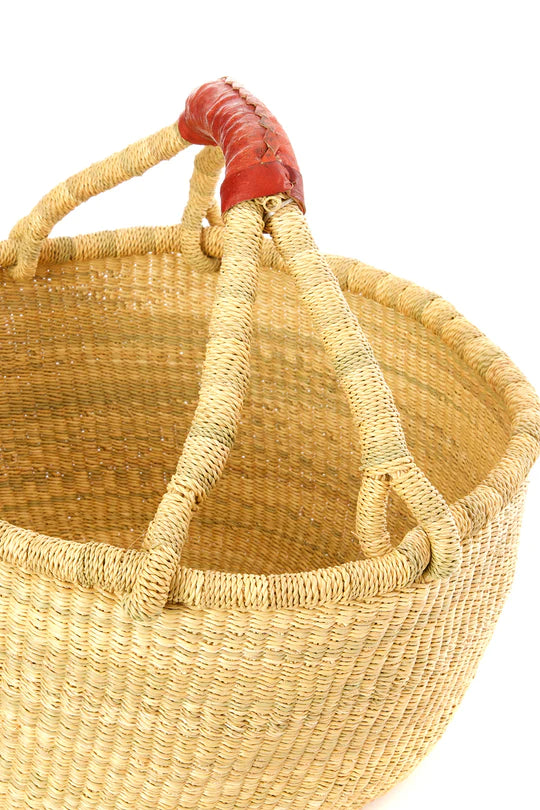 Large Round Bolga Market Basket with Leather Handle