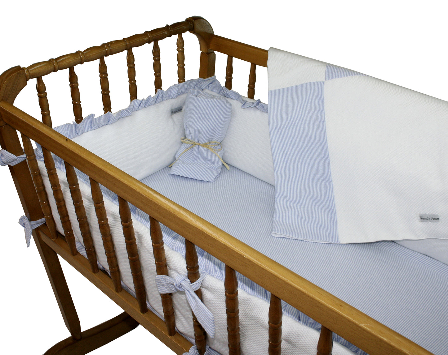 White Pique with Blue Seersucker Stripe Cotton - 4 Piece Cradle Bedding Set