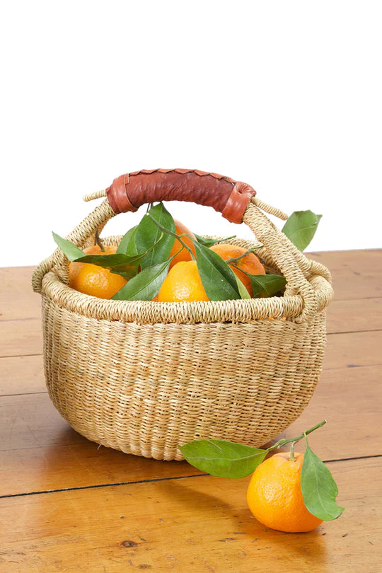 Small Round Bolga Market Basket with Leather Handle