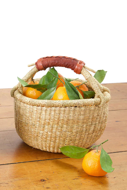 Small Round Bolga Market Basket with Black Leather Handle