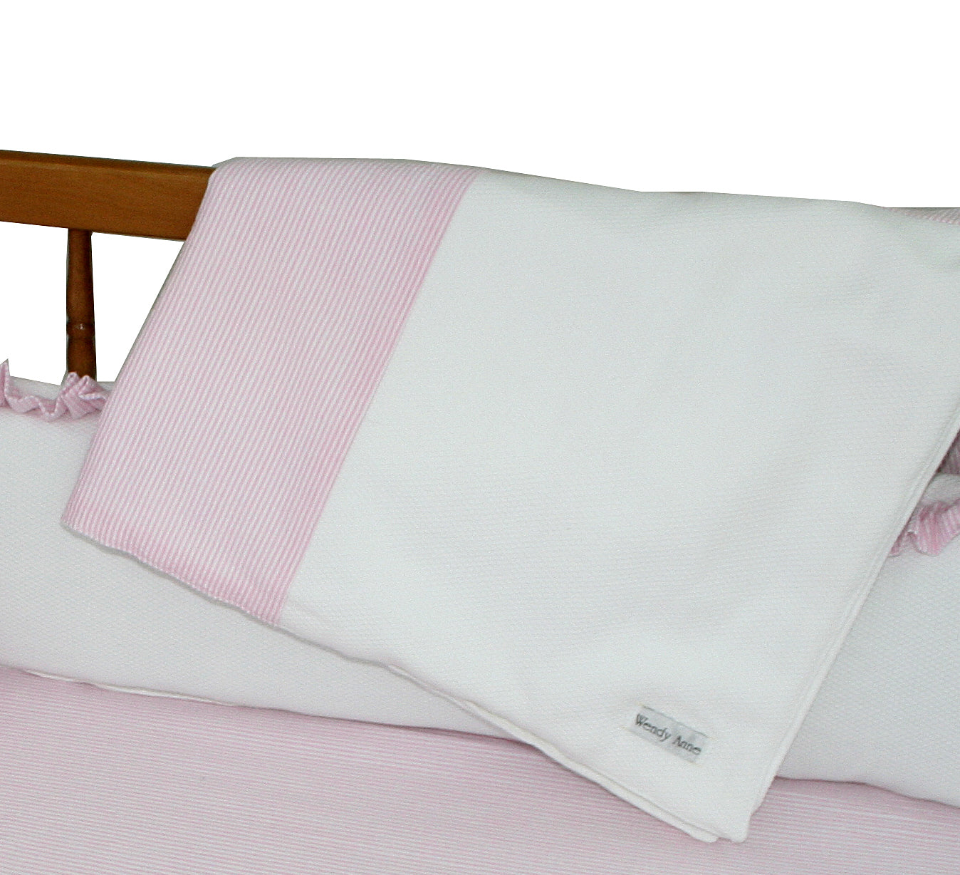 White Pique with Pink Seersucker Stripe Cotton - 4 Piece Cradle Bedding Set
