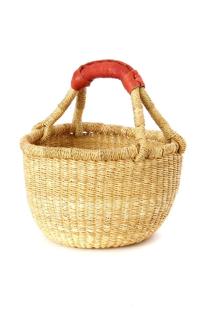 Small Round Bolga Market Basket with Black Leather Handle