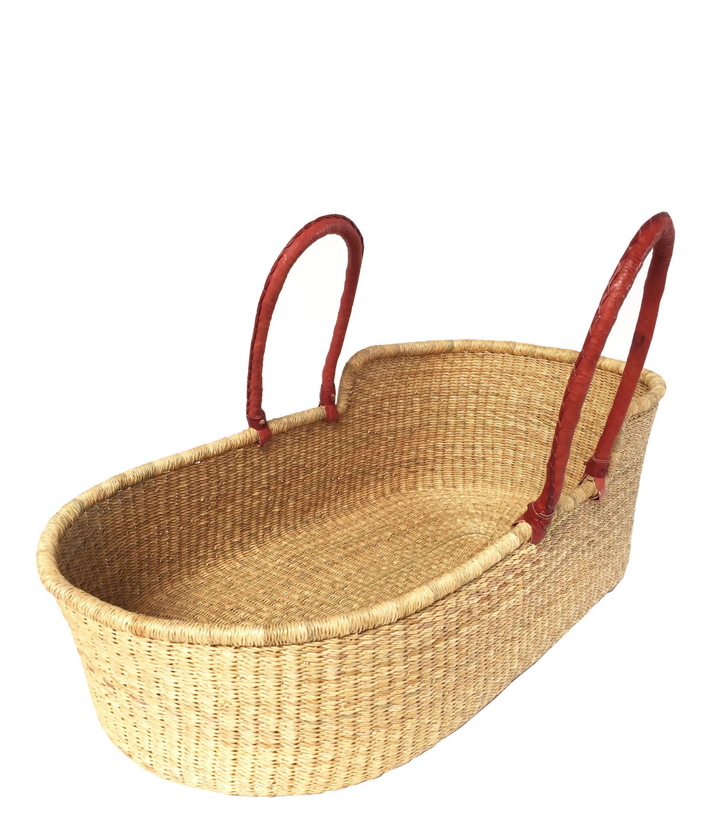 African Styled Moses Basket Hand Woven in Ghana - Reddish Brown Leather Handle