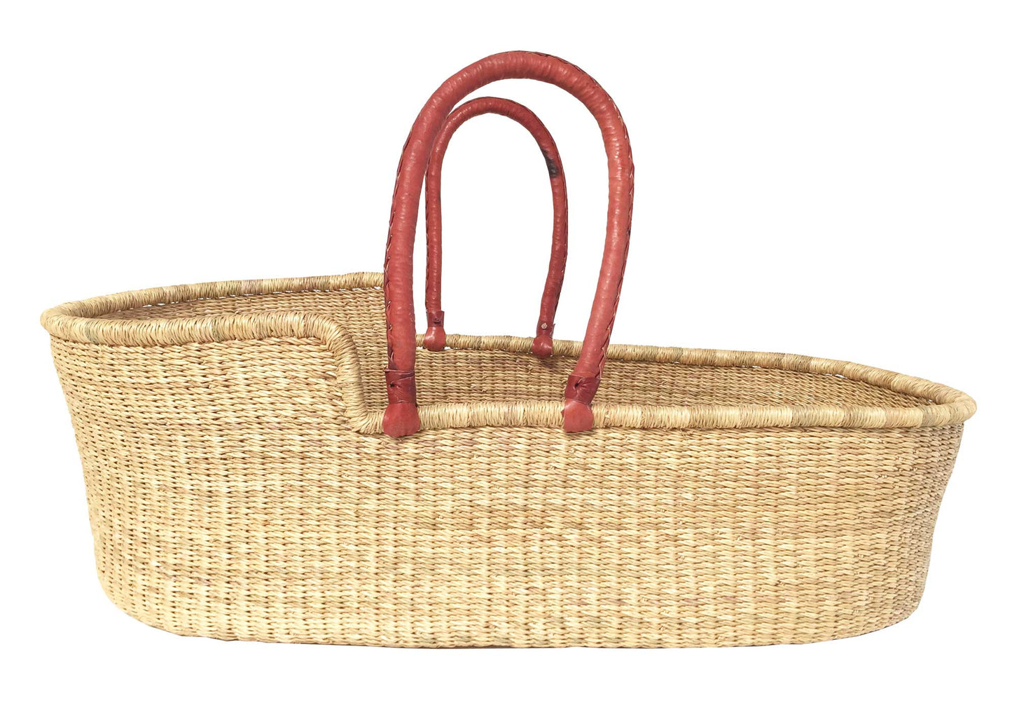 African Styled Moses Basket Hand Woven in Ghana - Reddish Brown Leather Handle