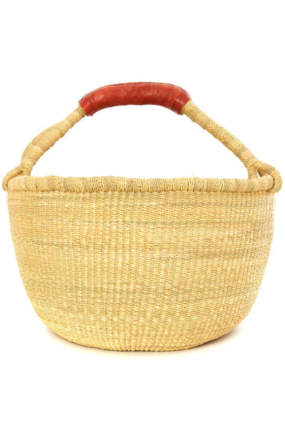 Large Round Bolga Market Basket with Black Leather Handle