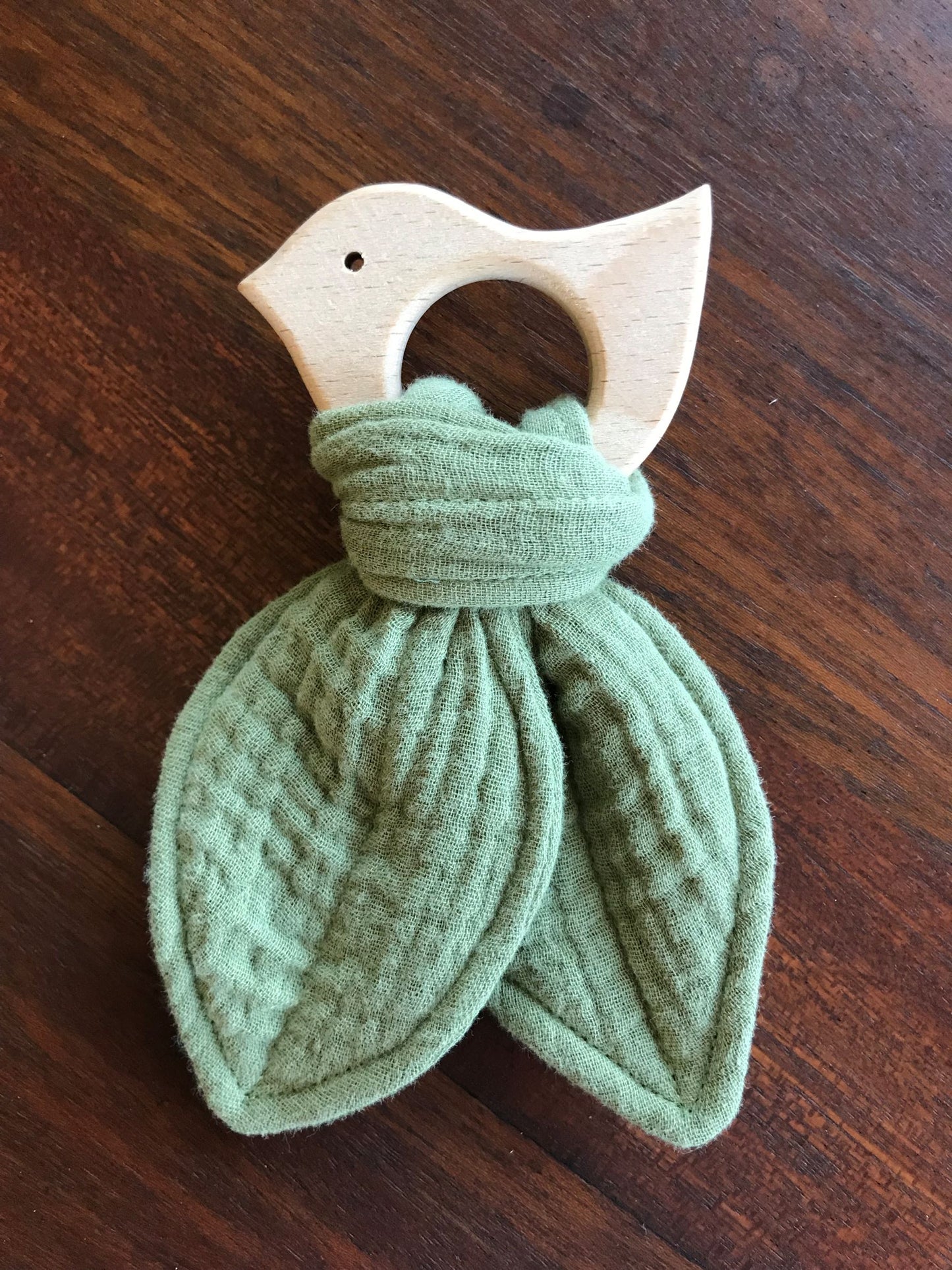 Baby Beech Wood Teether with Organic Cotton Fabric Tie