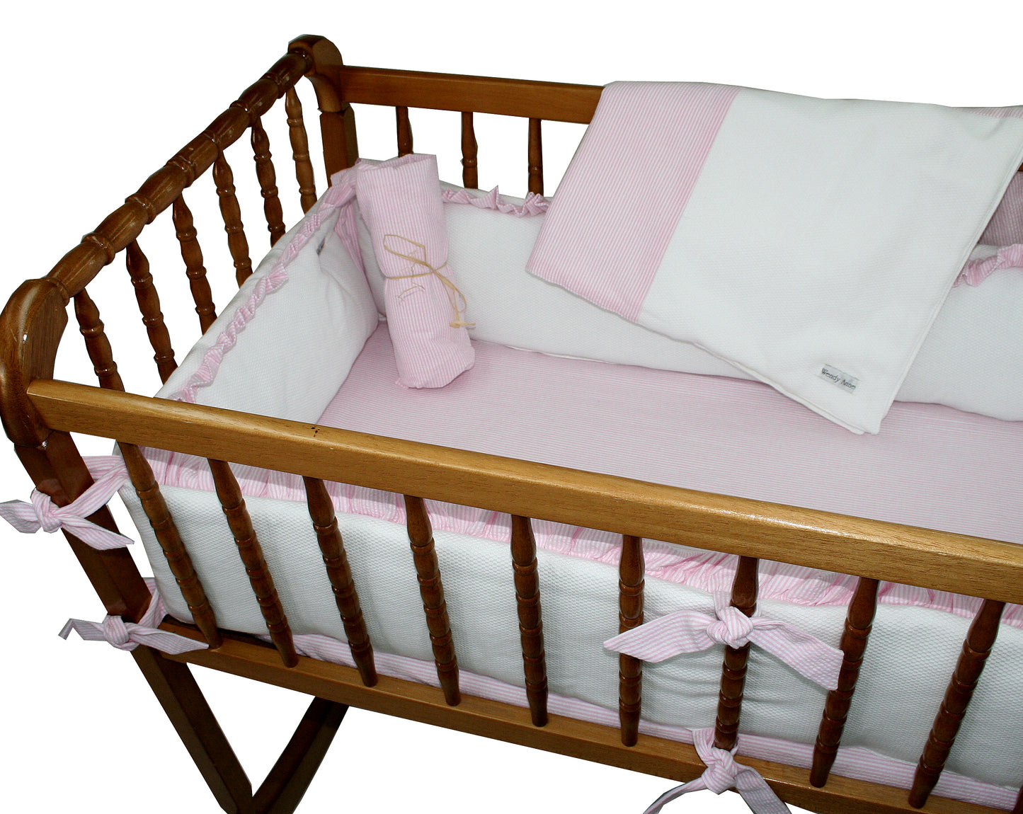 White Pique with Pink Seersucker Stripe Cotton - 4 Piece Cradle Bedding Set