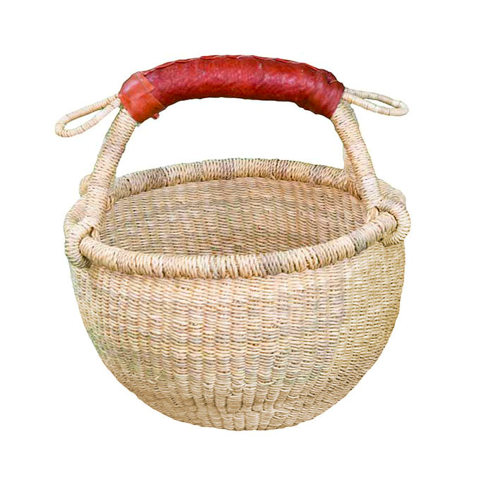 Small - Medium Round Bolga Market Basket -  with Leather Handle