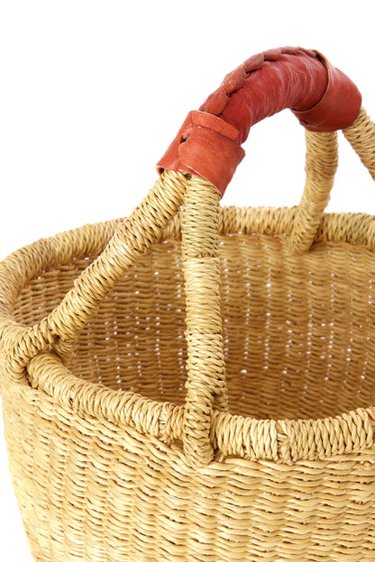 Small Round Bolga Market Basket with Black Leather Handle