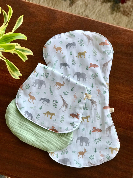 Baby Animals Cotton with Mint Green - Burp Cloth Set of 2